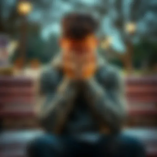 A young man looks distressed while sitting alone on a park bench, with a somber expression and hands covering his face, conveying deep sadness and hopelessness.