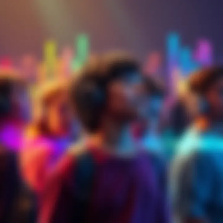 A group of young people enjoying music on headphones, surrounded by colorful sound waves representing AI music