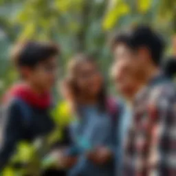 A group of young people engaged in conversation about the environmental effects of reducing AI usage, with a clear focus on tech and nature around them