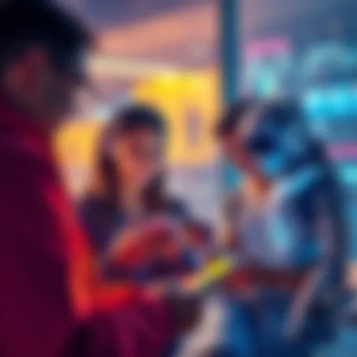 A group of young individuals engaging with a friendly AI interface on digital devices, showcasing companionship and creativity in their interactions.