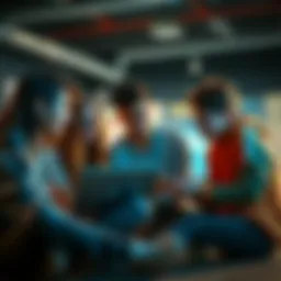 A group of young people gathered around a laptop discussing information, referencing Chat GPT for their arguments.