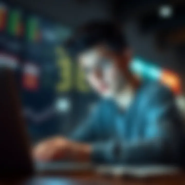 A young person looking concerned while using a laptop, symbolizing worries about job and creativity due to AI technology