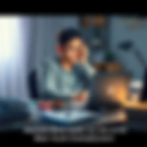 A young person sitting at a desk with a laptop, looking frustrated while working from home, surrounded by distractions like a phone and messy papers.