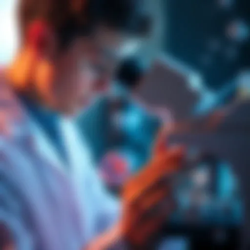 A young scientist looking through a microscope at rejuvenated cells, symbolizing advancements in cellular rejuvenation and the quest for biological immortality.