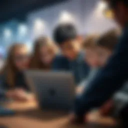A group of young students gathered around a laptop, learning about artificial intelligence concepts with enthusiasm.