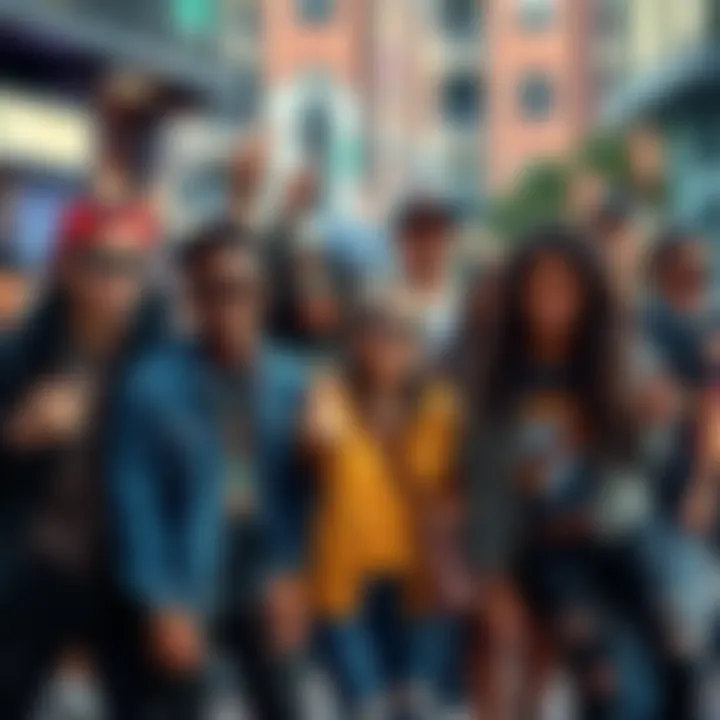 A group of diverse young people enjoying music and fashion trends, showcasing their unique styles and attitudes in an urban setting