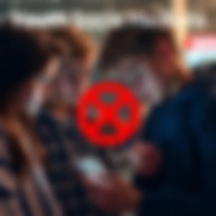 A group of teenagers looking at a smartphone with a red crossed-out symbol over it, symbolizing social media bans for youth