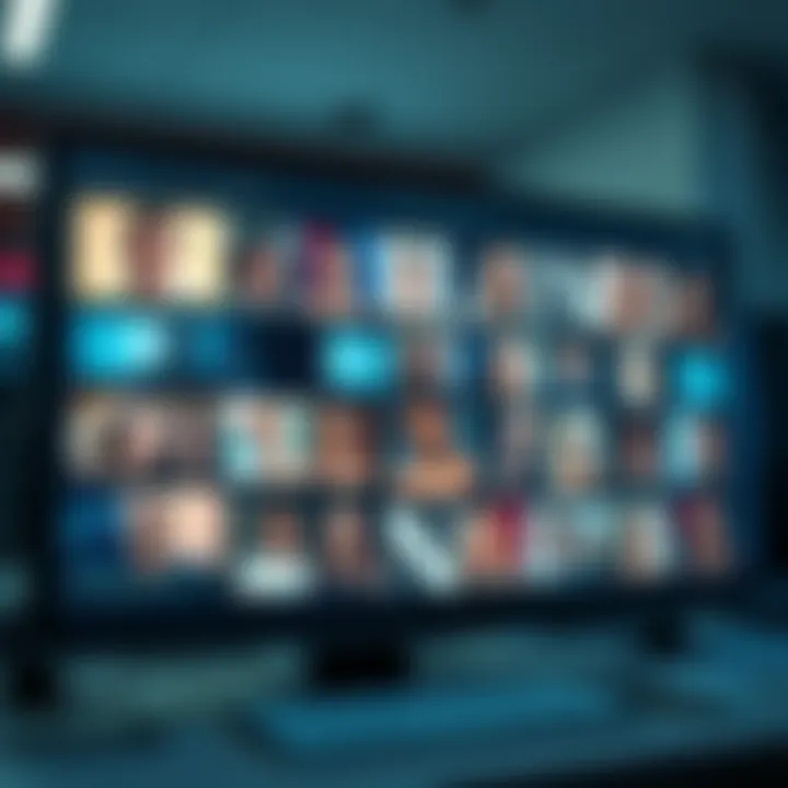 A representation of YouTube's new AI tool scanning video content for celebrity likenesses, showing a screen with celebrity images and video thumbnails.