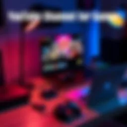 A game developer setting up a YouTube channel to promote their game with a laptop and gaming accessories on a desk.
