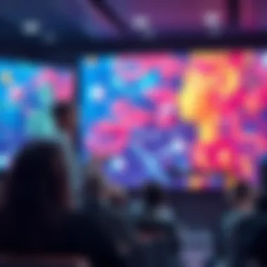 A YouTube historian speaks in front of a large screen showing AI-generated art pieces, engaging with an audience about creativity's future.
