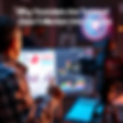 A YouTuber in front of a camera with charts and graphs on a screen, pointing and explaining data collection concepts while looking dramatic.