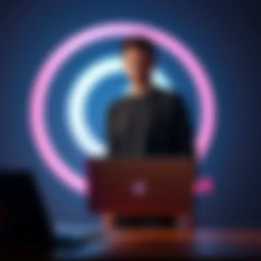 A YouTuber stands determined with a laptop, confronting a large copyright symbol in the background, symbolizing his fight against a fraudulent claim.