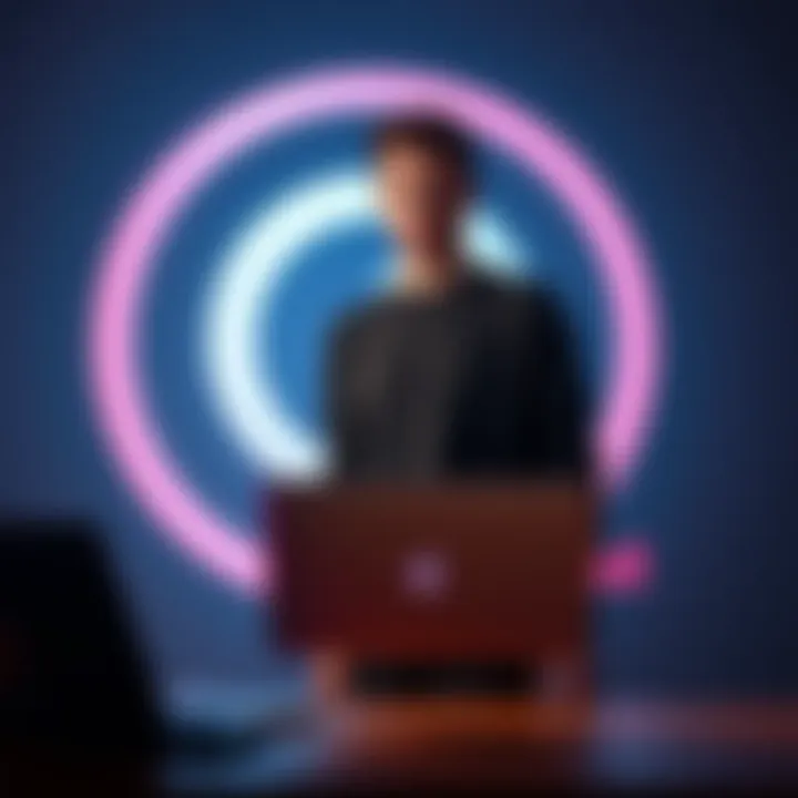 A YouTuber stands determined with a laptop, confronting a large copyright symbol in the background, symbolizing his fight against a fraudulent claim.