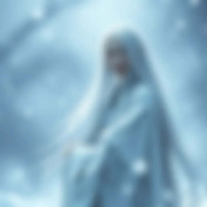 The snow woman Yuki-onna stands in a wintry scene, surrounded by falling snowflakes. Her long white hair flows down as she gazes hauntingly at the viewer, dressed in a flowing white kimono.