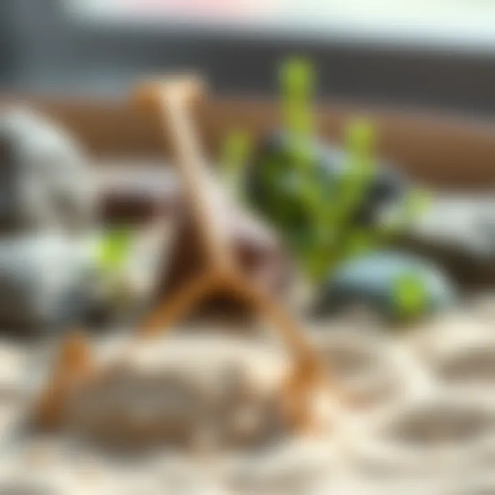 A close-up of the newly designed raking tool for zen gardens, placed on soft sand with miniature plants and rocks in the background.
