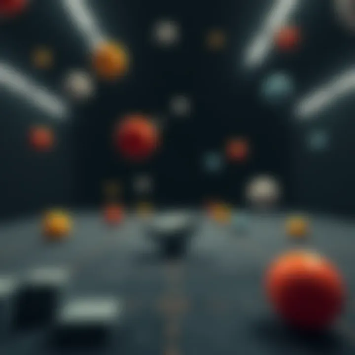 A scene showing various objects positioned in an open space without gravity, with visible space between them to avoid collisions.