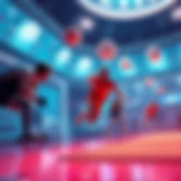 Athletes competing in a zero-gravity game with floating balls and unique equipment