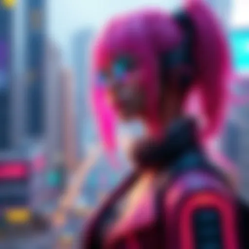 A stylish cyberpunk girl with bright neon hair, wearing futuristic clothing and accessories, set against a cityscape with glowing lights.