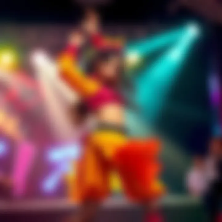Zoey captivates the audience with her vibrant dance moves and colorful outfit during a performance in KPop Demon Hunters