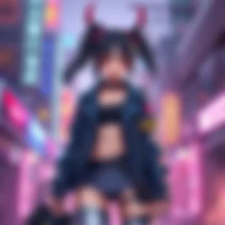 Character Zoey stands confidently with a stylish outfit and a fierce expression, surrounded by a vibrant urban scene, showcasing K-Pop elements.