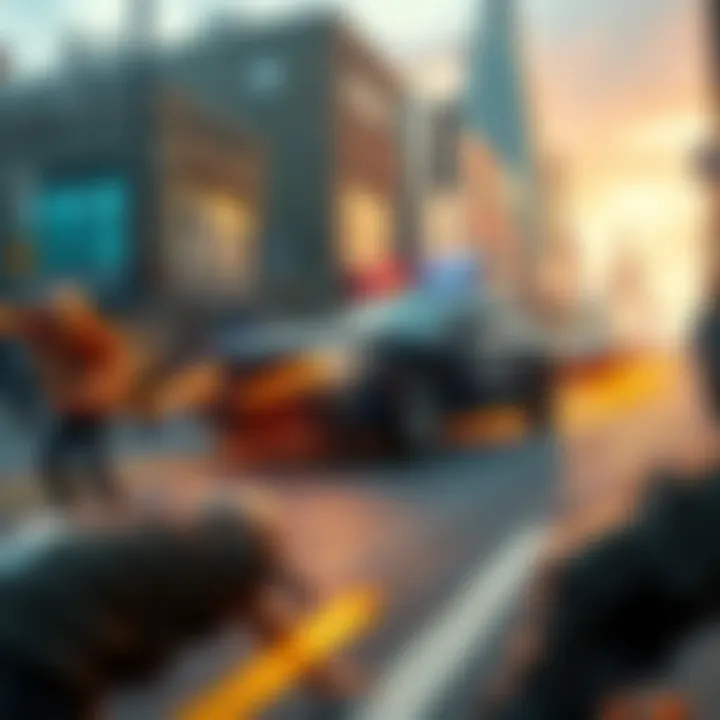 A vibrant scene from Police Escort Zombie Run showing a police car driving alongside zombies in an urban setting with players engaged in the game.