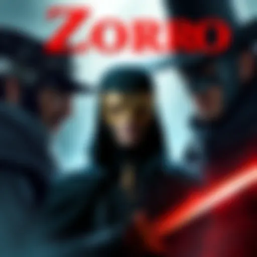 Illustration showing Zorro's different looks in films and the original book, highlighting his mask and cloak