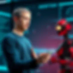 Zuckerberg with AI Assistant Mark Zuckerberg interacting with a digital AI assistant to enhance his CEO tasks