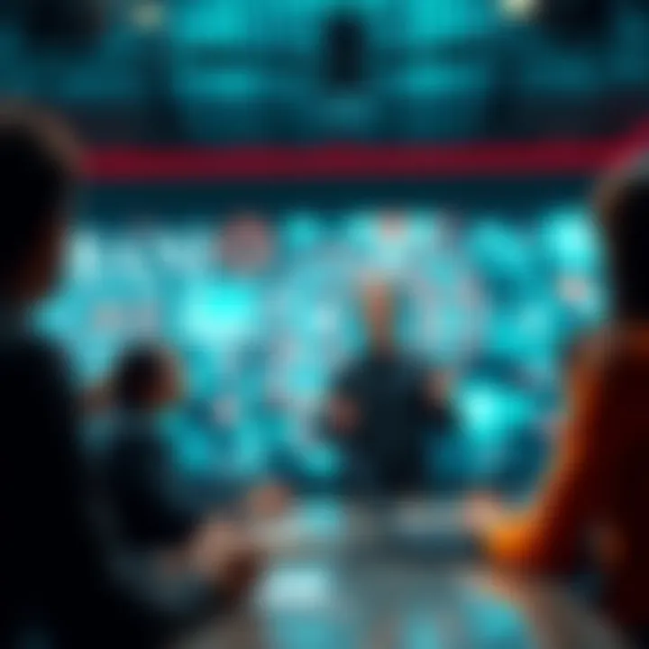 Mark Zuckerberg discussing AI technology in a meeting, with digital AI imagery in the background