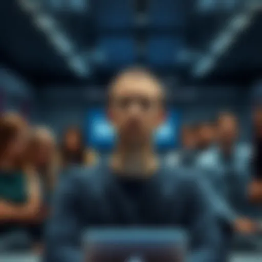 Mark Zuckerberg looking concerned in a conference room with Meta branding, surrounded by unhappy employees